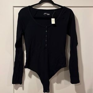 Aerie Black Snap-Button-Front Ribbed Layering Long Sleeved Bodysuit